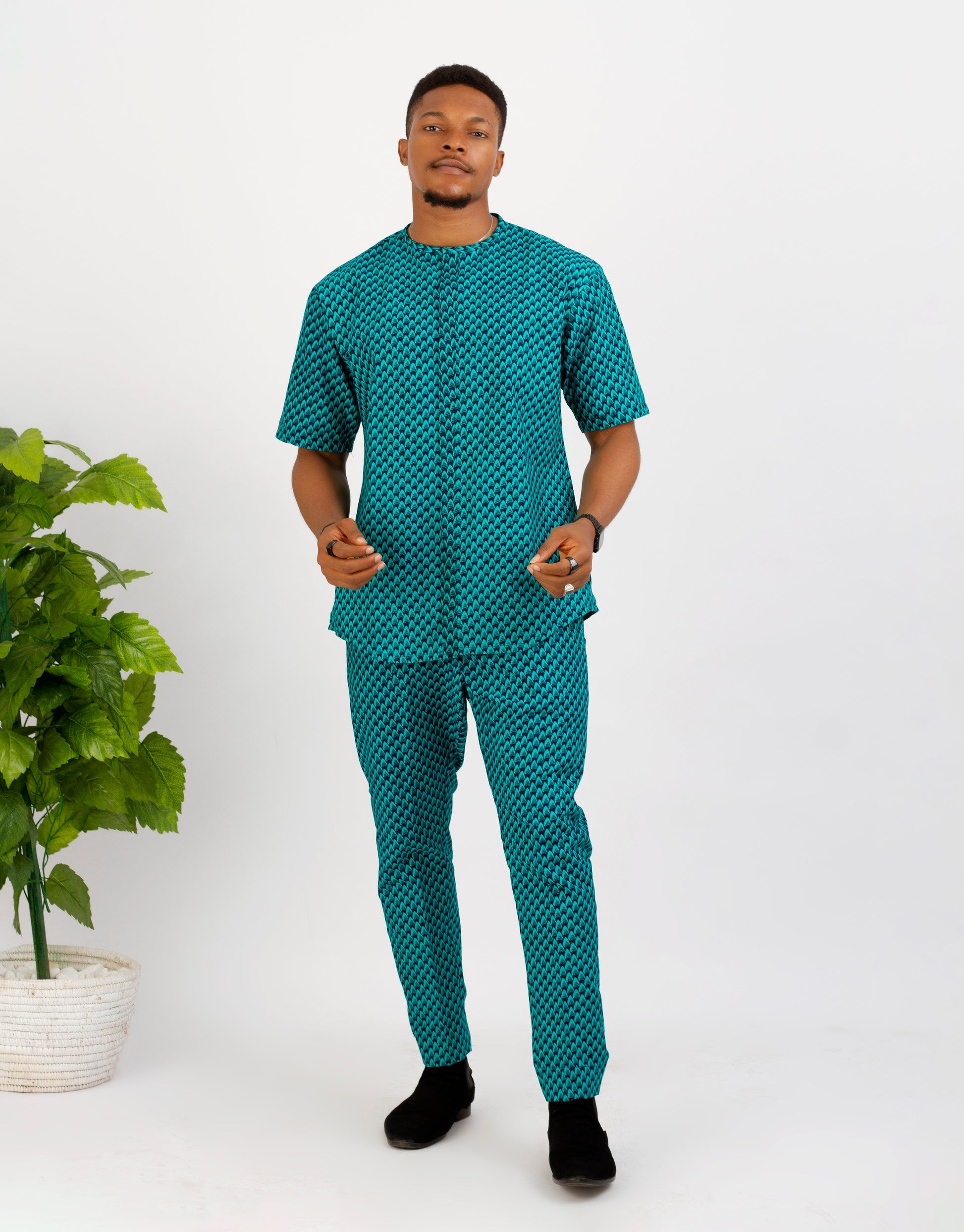 African Mens set, Top and Pants in sea green, short sleeves 