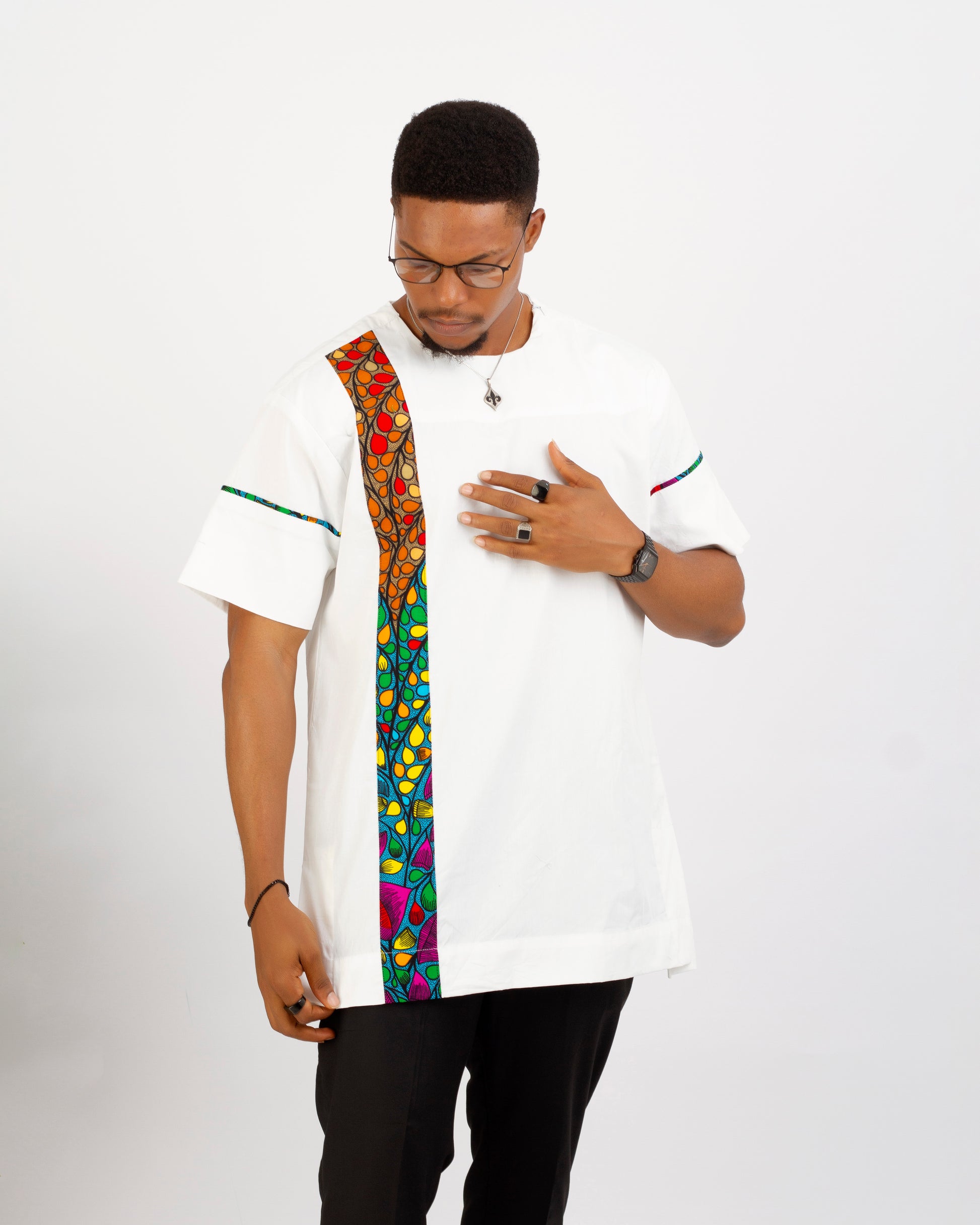 mens ankara short sleeve shirt, mix of plain white and African print