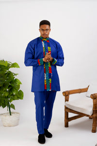 mens ankara long sleeve shirt, mix of blue and African print, 