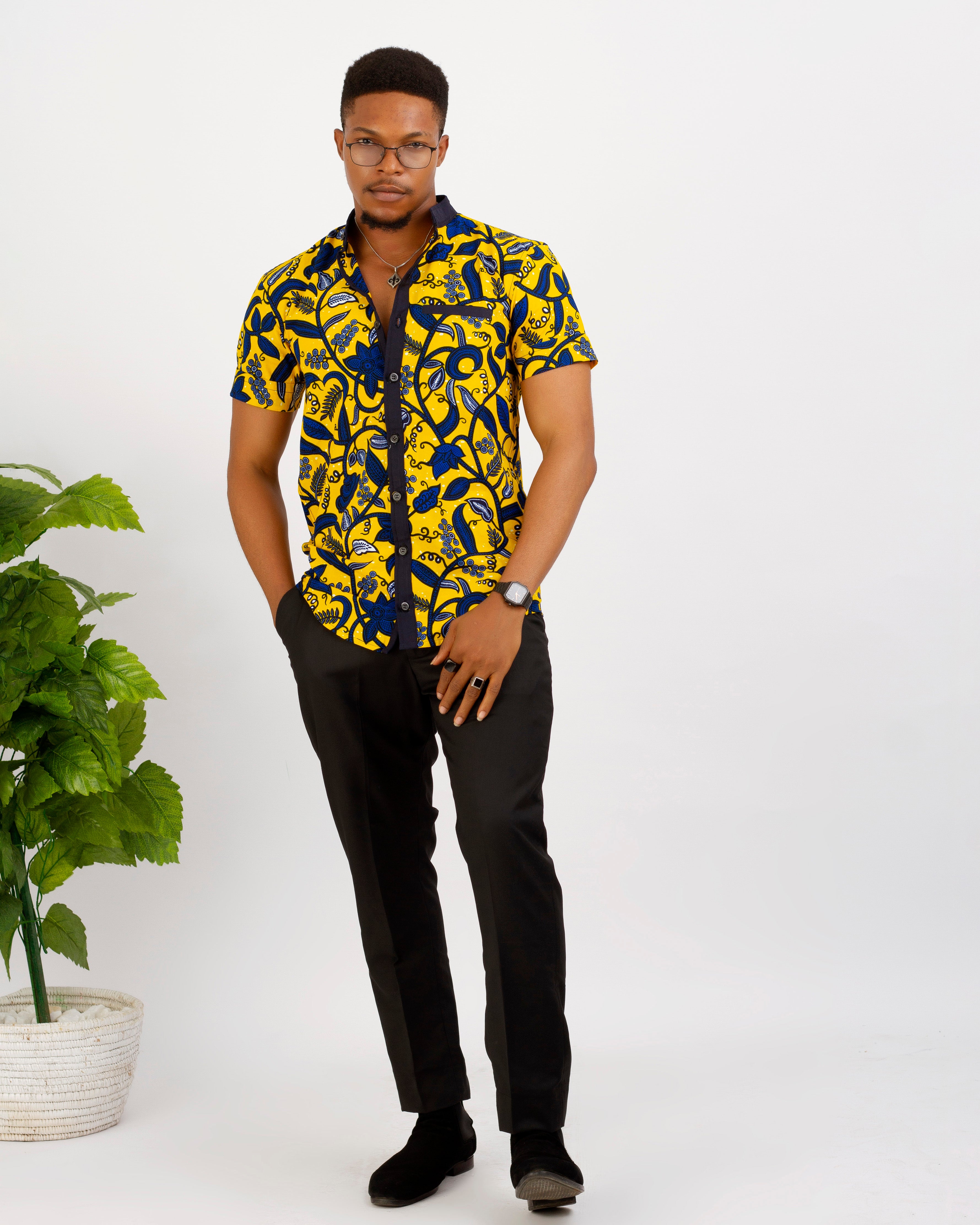 short sleeve shirt, yellow print Ankara Shirt