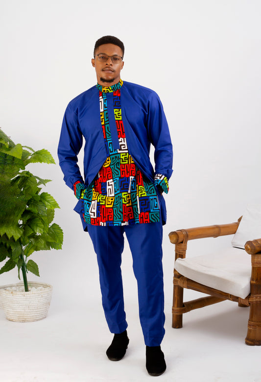 mens ankara long sleeve shirt, mix of blue and African print, 