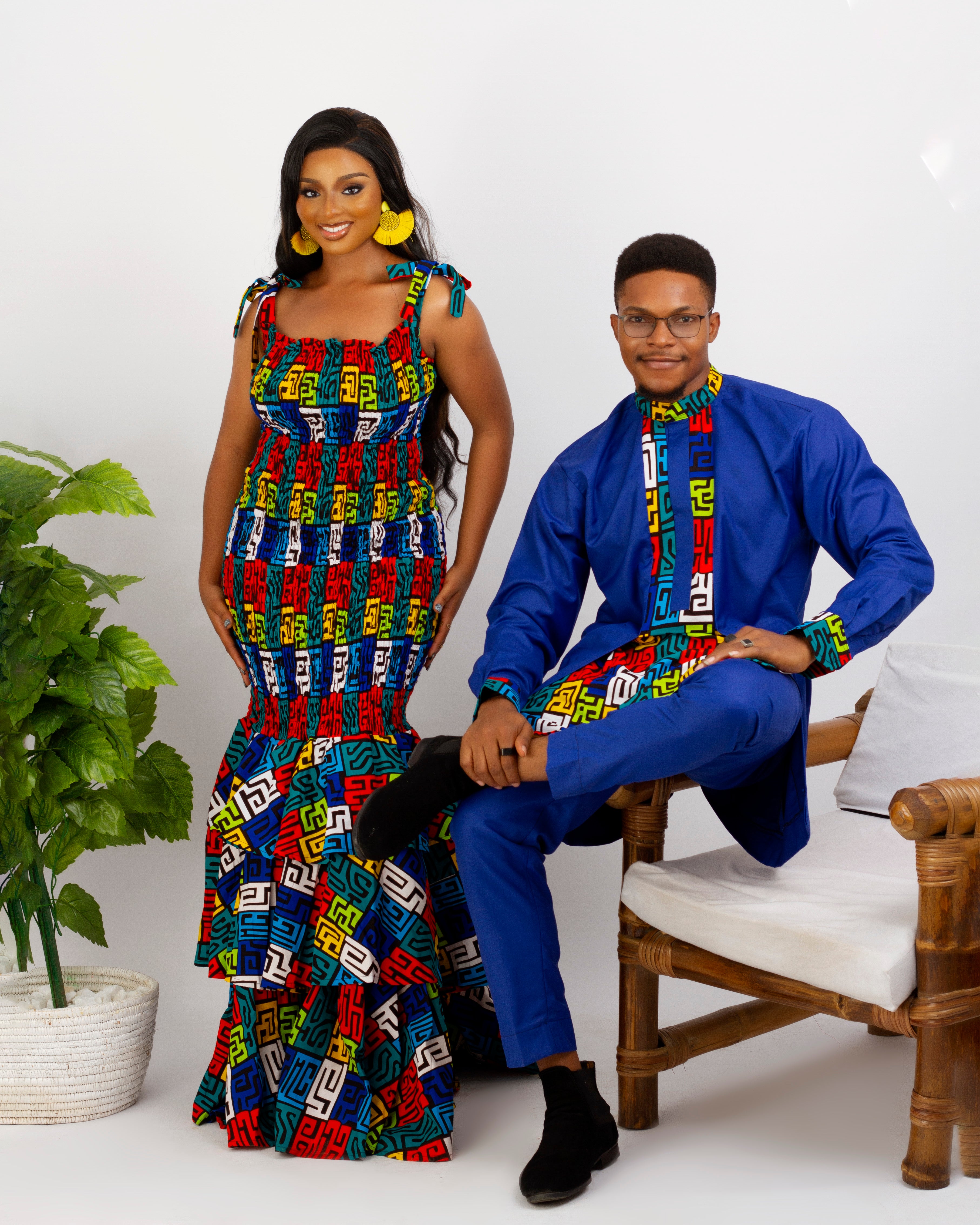 mens ankara long sleeve shirt, mix of blue and African print, long mermaid sleeves dress in ankara print