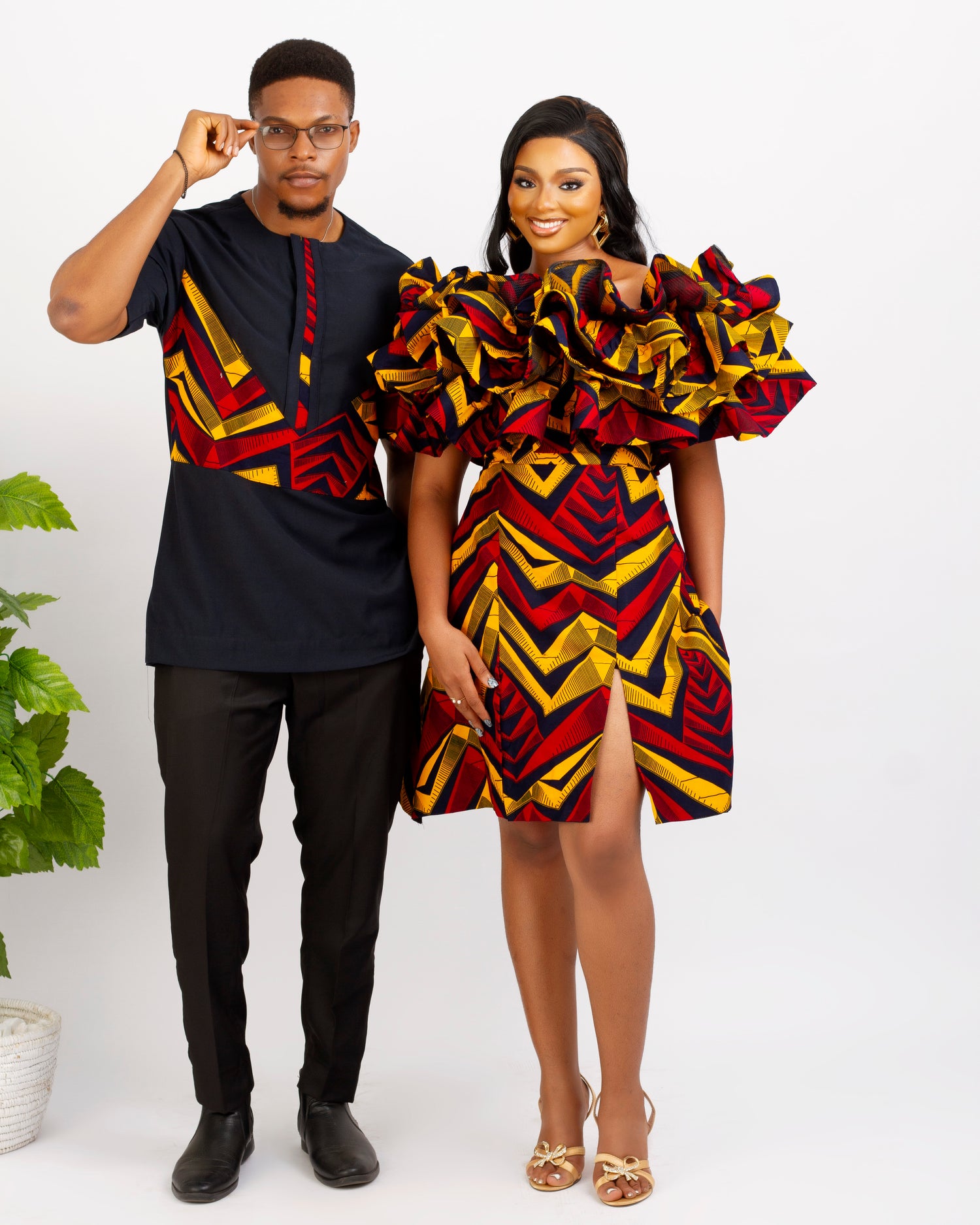 couples matching ankara set, pants and shirt with dress set, multicolored ankara mini dress, statement sleeves