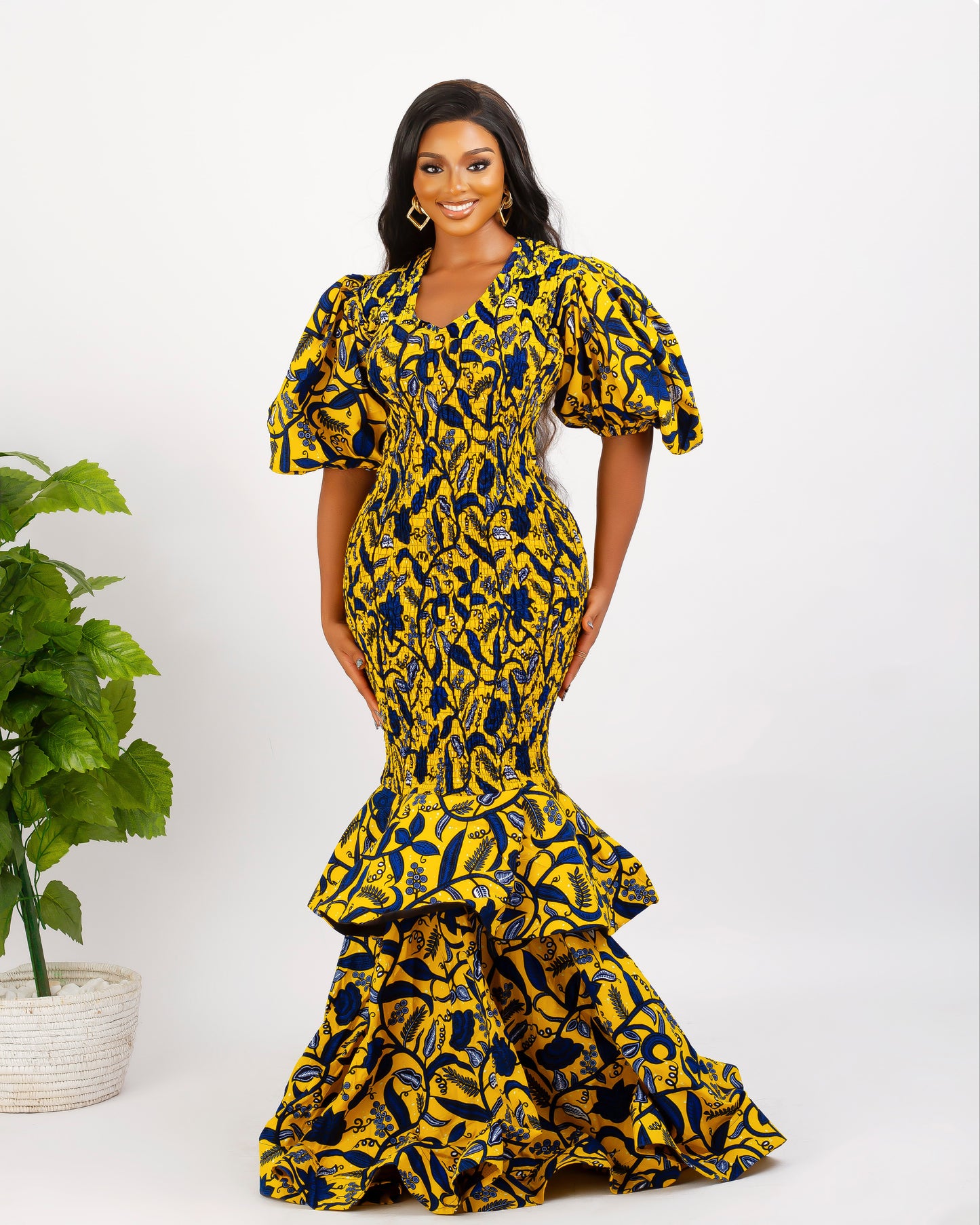 yellow mermaid dress, African print, long ankara dress
