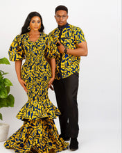 Load image into Gallery viewer, short sleeve shirt, yellow print Ankara Shirt, yellow mermaid dress, African print, long ankara dress