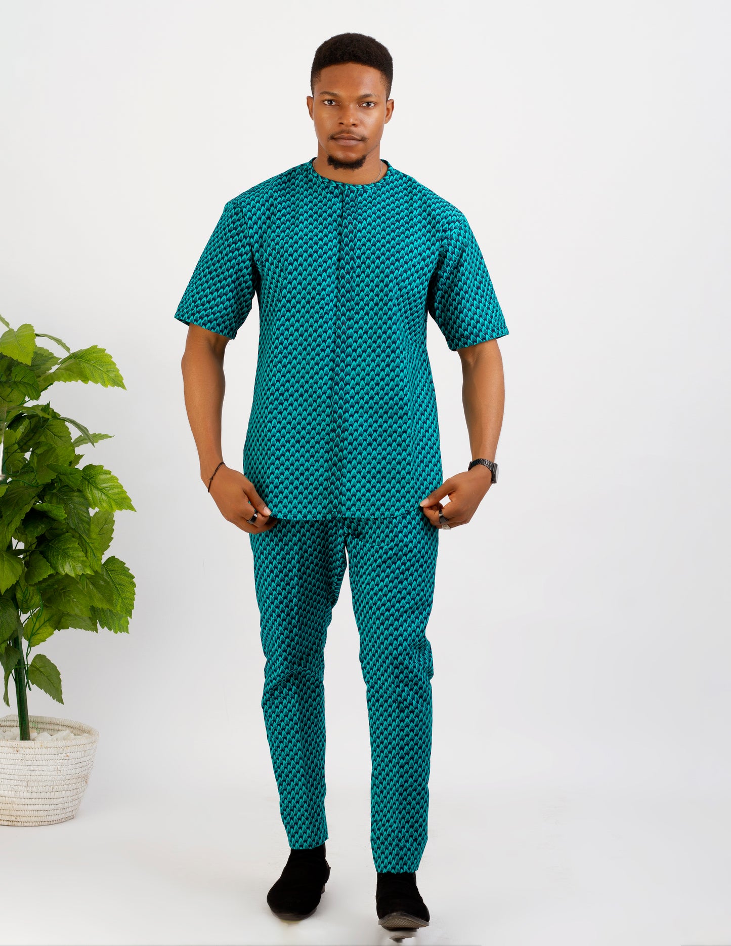 African Mens set, Top and Pants in sea green, short sleeves 