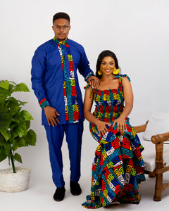 couples matching set, mens ankara long sleeve shirt, mix of blue and African print, long mermaid sleeves dress in ankara print