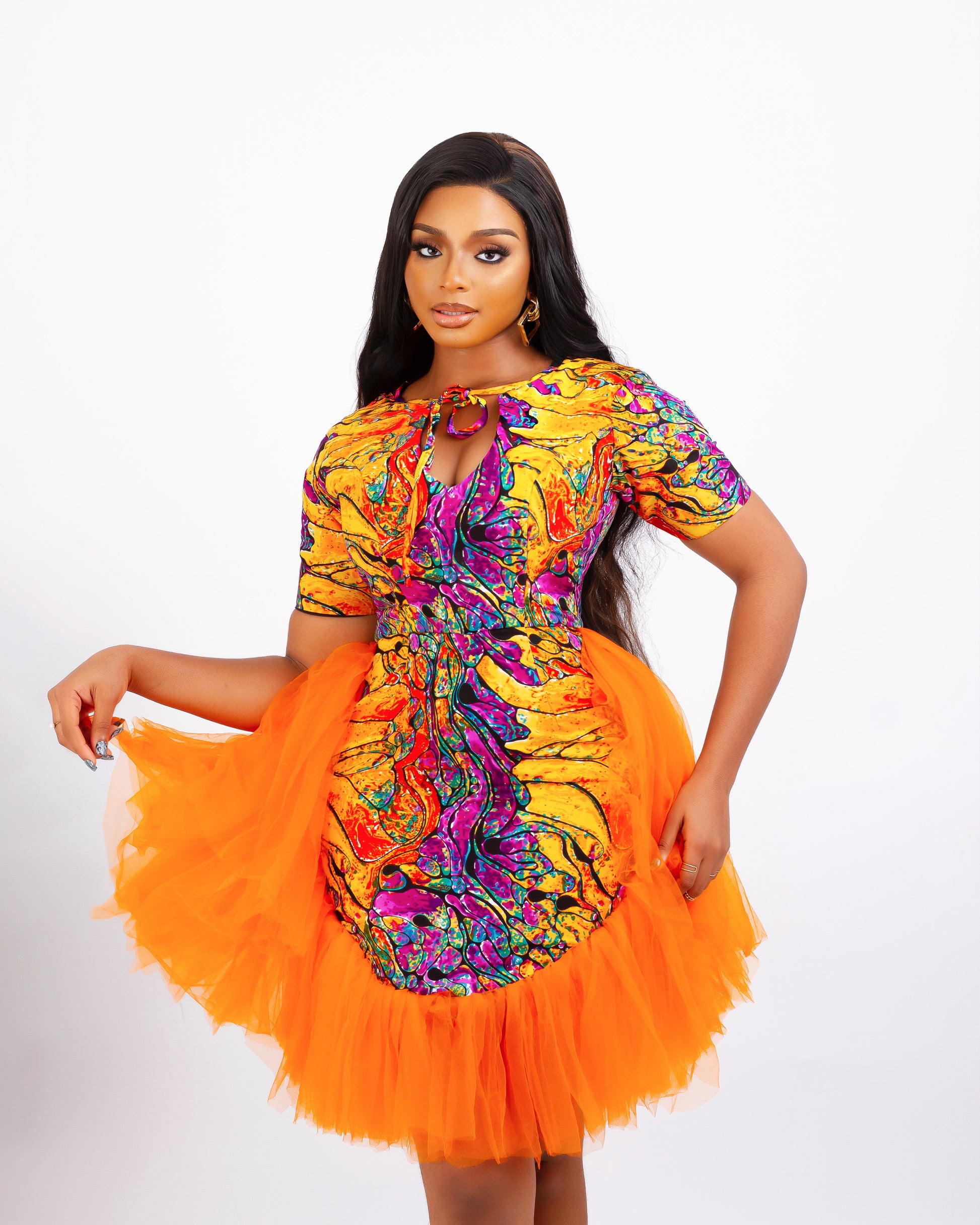 Ankara mini dress, tulle/net details, colorful African print