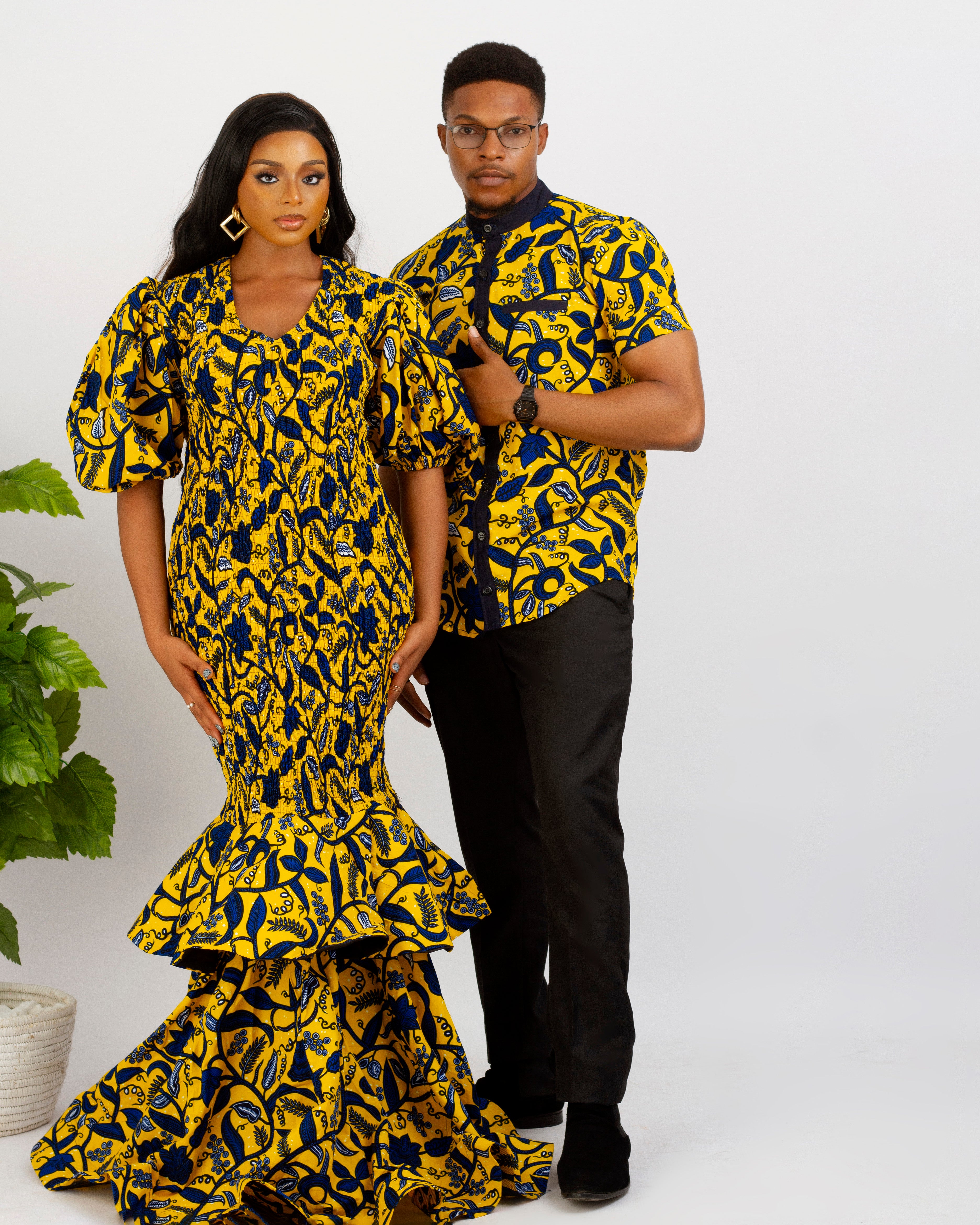 short sleeve shirt, yellow print Ankara Shirt, yellow mermaid dress, African print, long ankara dress