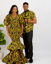 Load image into Gallery viewer, short sleeve shirt, yellow print Ankara Shirt, yellow mermaid dress, African print, long ankara dress