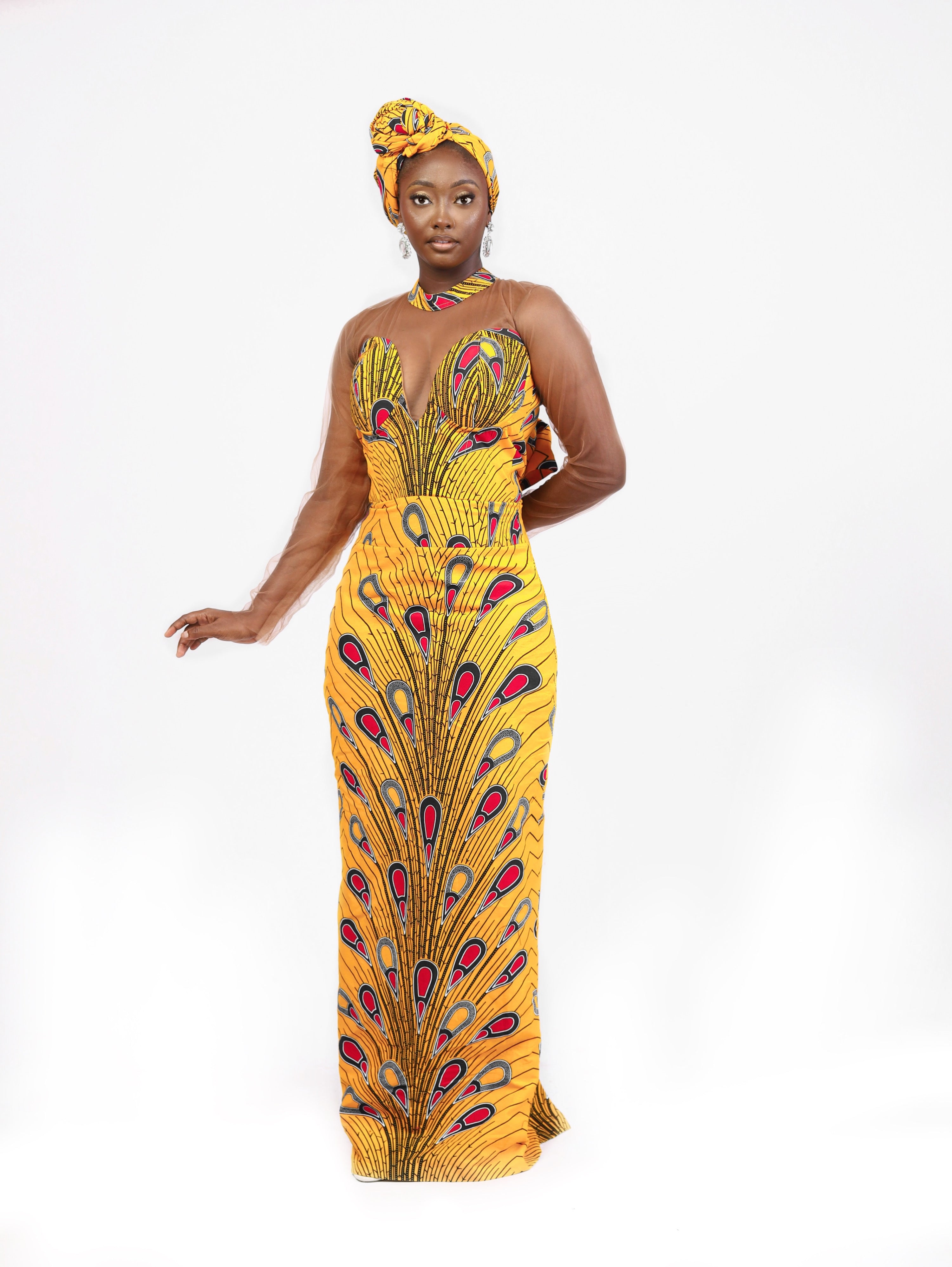 African Print full length dress and headscarf Shop on Afrothrone