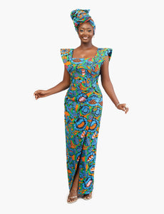 African Print full length dress and headscarf Shop on Afrothrone