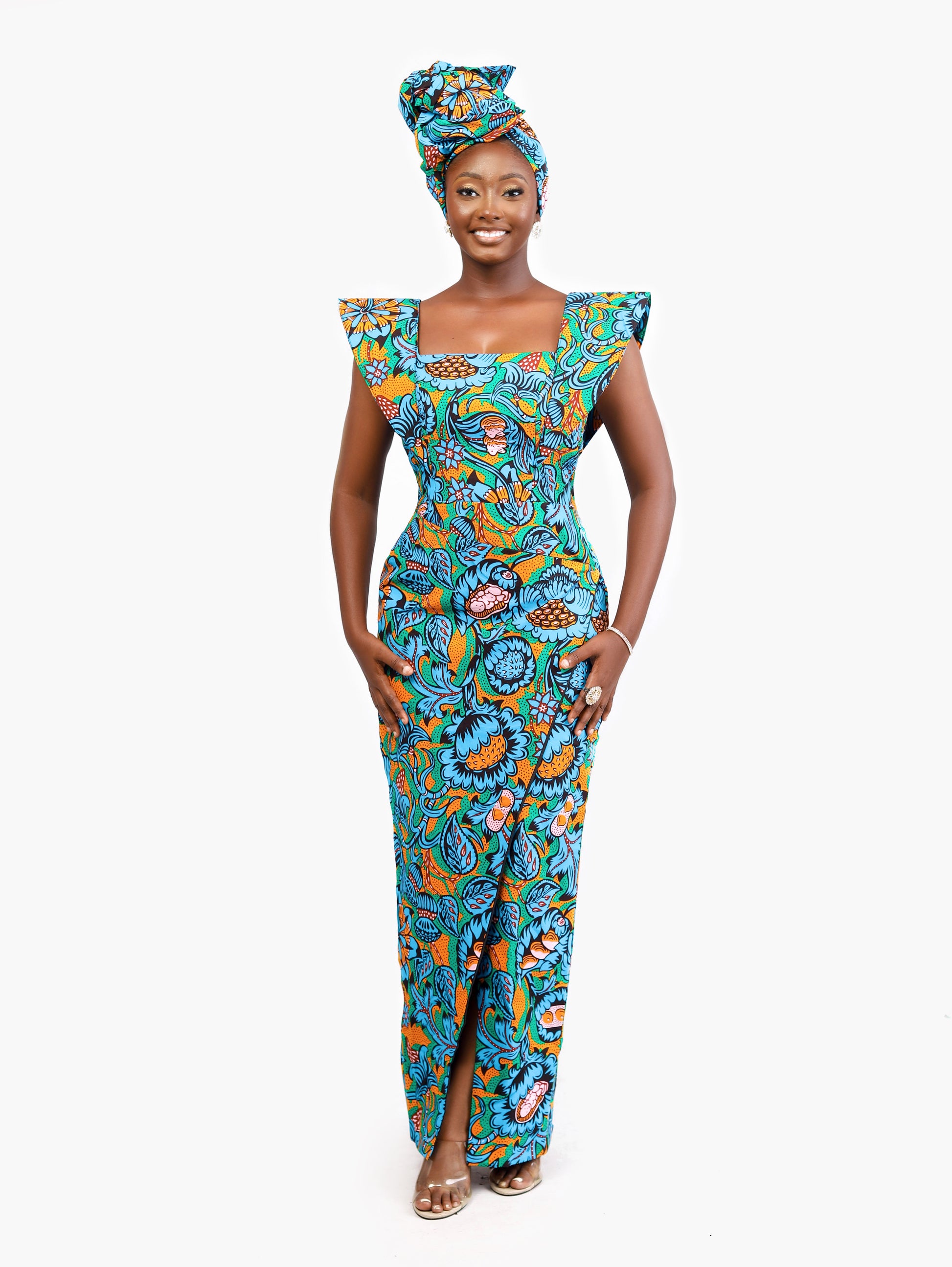 African Print full length dress and headscarf Shop on Afrothrone