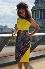 Load image into Gallery viewer, Sabra African print Ankara patch work yellow midi dress - Afrothrone