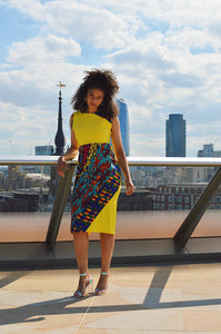 Sabra African print Ankara patch work yellow midi dress - Afrothrone