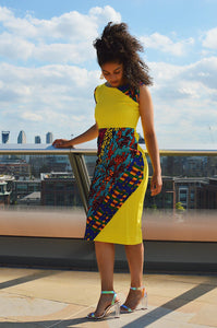 Sabra African print Ankara patch work yellow midi dress - Afrothrone