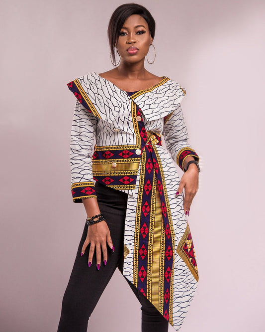 NEW IN MONIQUE Asymmetrical African print wrap jacket top - Afrothrone